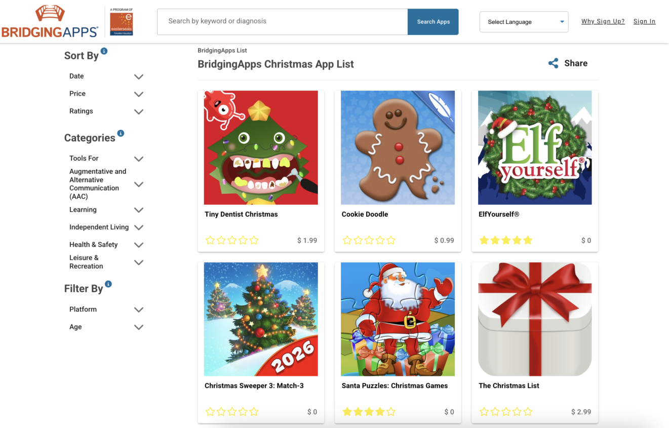 screenshot of bridgingapps app search tool site with christmas app list